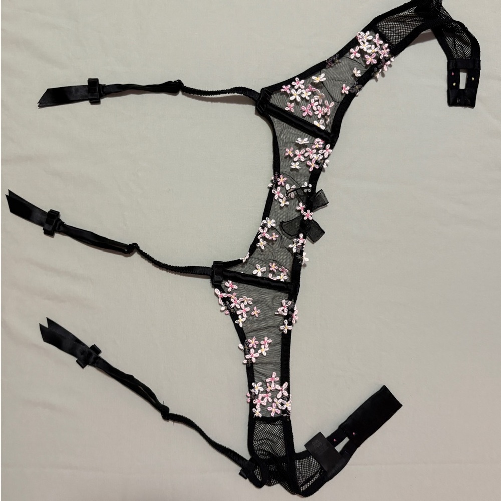 Victoria's Secret Black Garter Belt with Pink Floral Embroidery